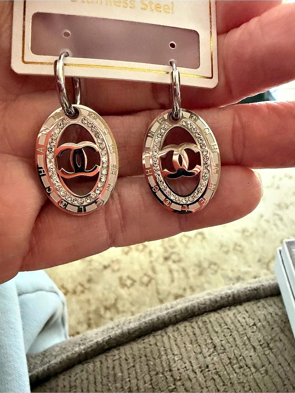 Oval Drop Hoop Stainless Steel Earrings in Silver Tone and crystals, NWT, fashio